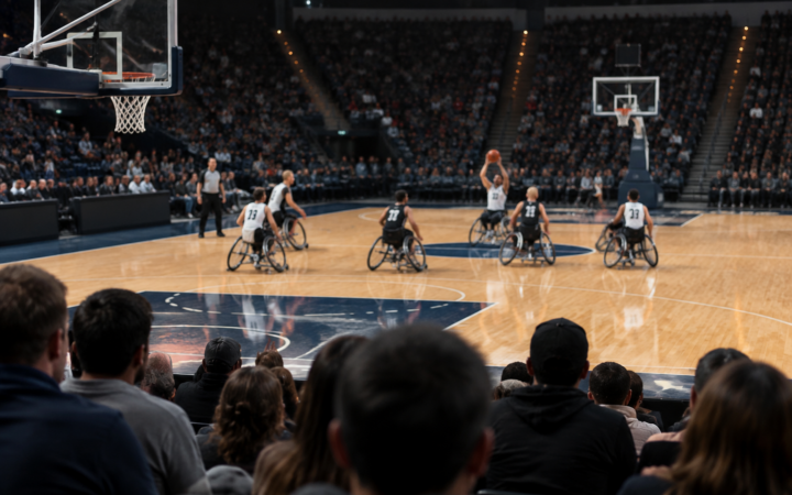 Široký záber z arény počas zápasu vozičkovej basketbalovej súťaže.