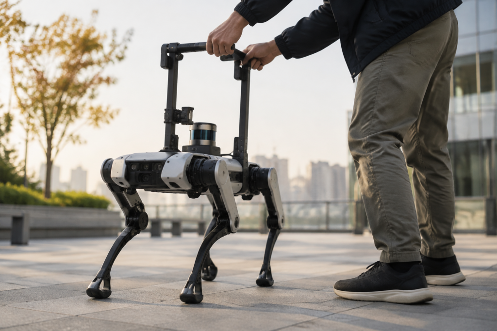 Realistická ilustračná fotografia robotickej mobilitnej platformy s nezávisle pohybujúcimi nohami v mestskom prostredí, bez viditeľného zdravotného postihnutia.